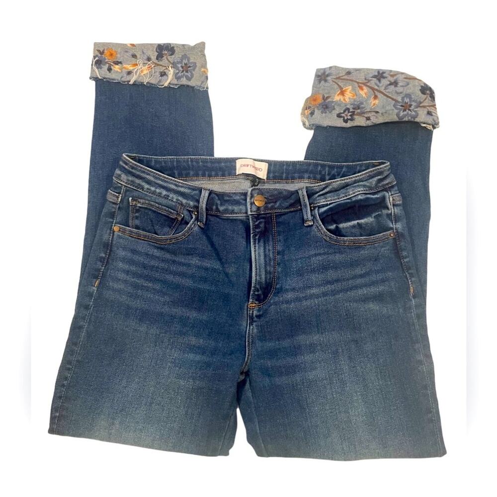 Driftwood Colette Jeans Women 30 Denim Floral Embroidered Cuff Crop Pants Blue